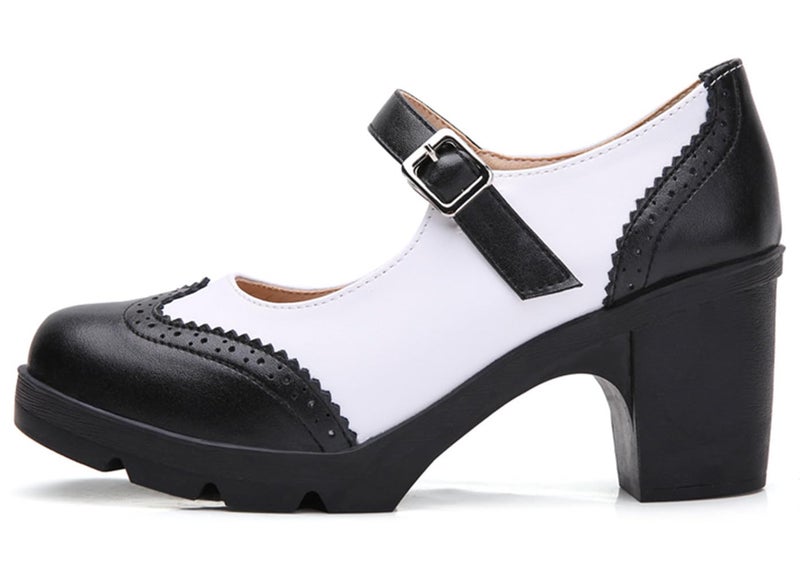 DADAWEN Women's Chunky Low Block Heels Mary Jane Closed Toe Work Pumps Comfortable Round Toe Oxfords Dress Wedding Shoes Black/White US Size 8.5 - Image 5
